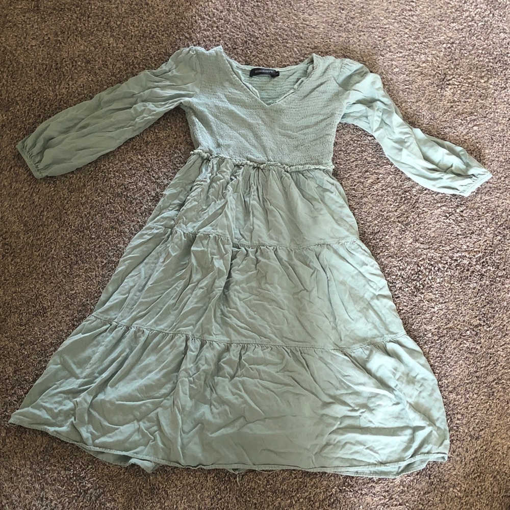 Soft Sage Midi Dress with Smocked Bodice